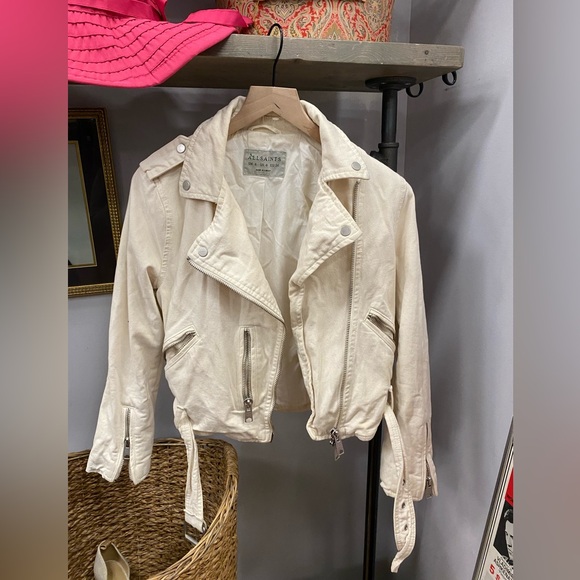 AllSaints Dessa Balfern Ivory Denim Biker Moto Jacket Womens Size 4 - Picture 3 of 8